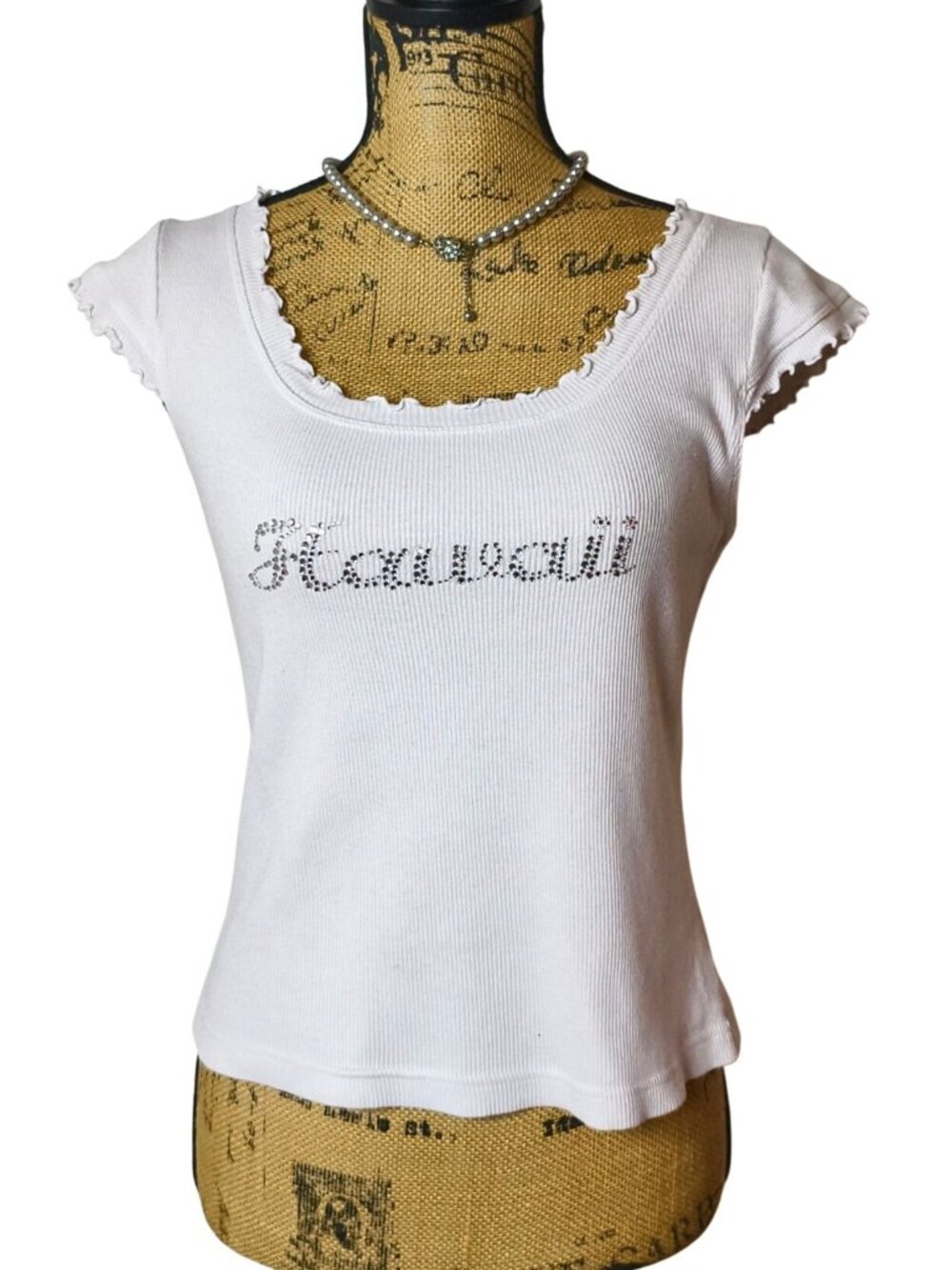 Womens S Ribbed Hawaii Tank Y2K Rhinestone Embellished Cap Slv Fairy Grunge Hip